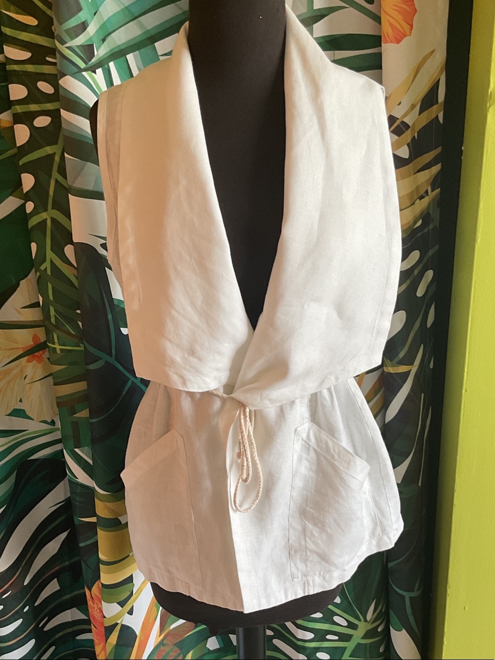 Catherine Catherine Malandrino White Linen Vest Drawstring Top Small